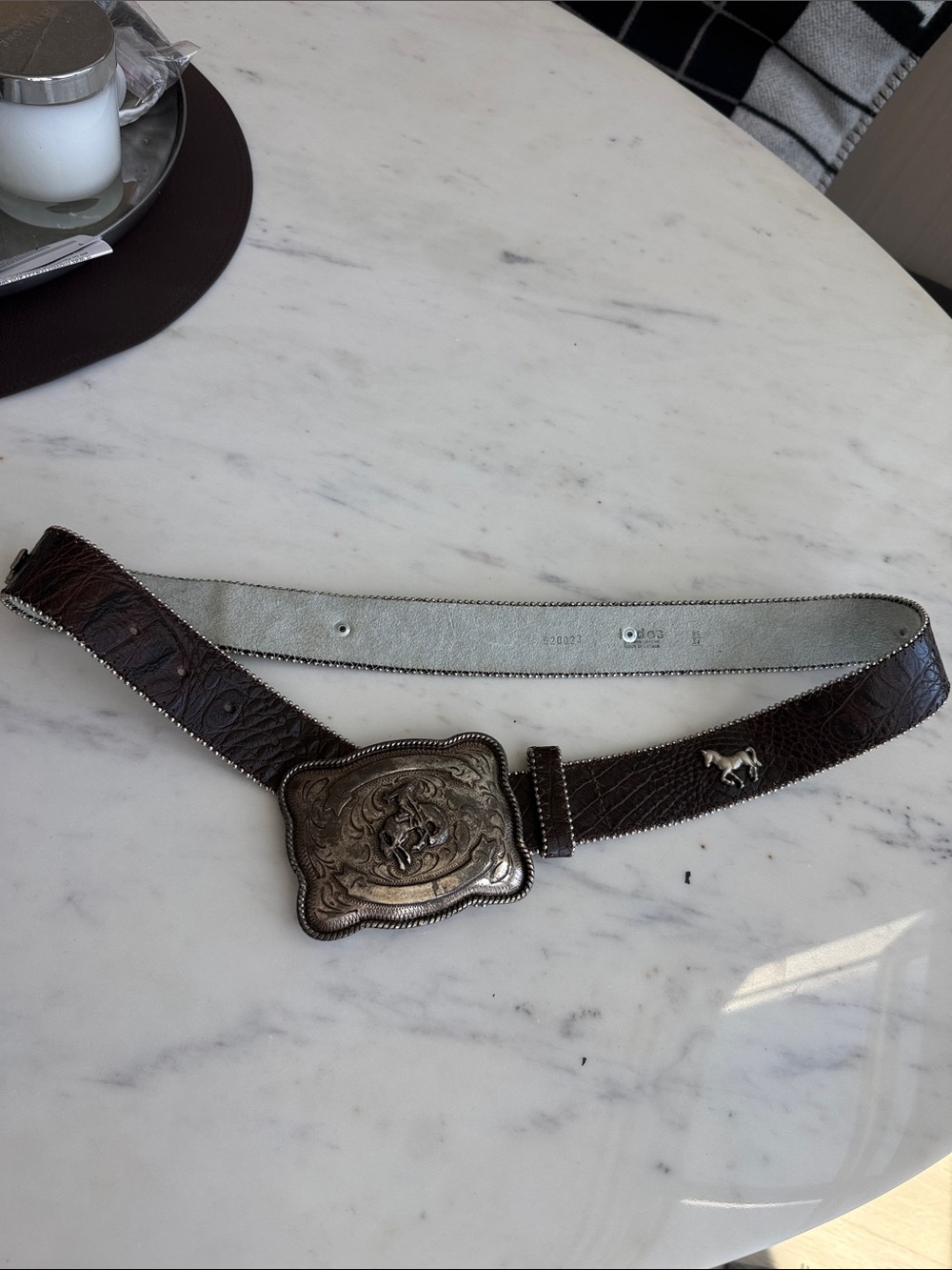 Brown Leather Women's Belt with Decorative Silver-Tone Buckle